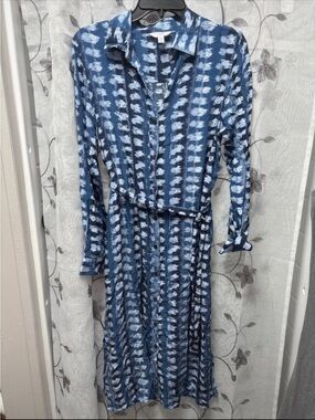 Time and Tru Blue Patterned Long Sleeve Shirt Dress with Waist Tie